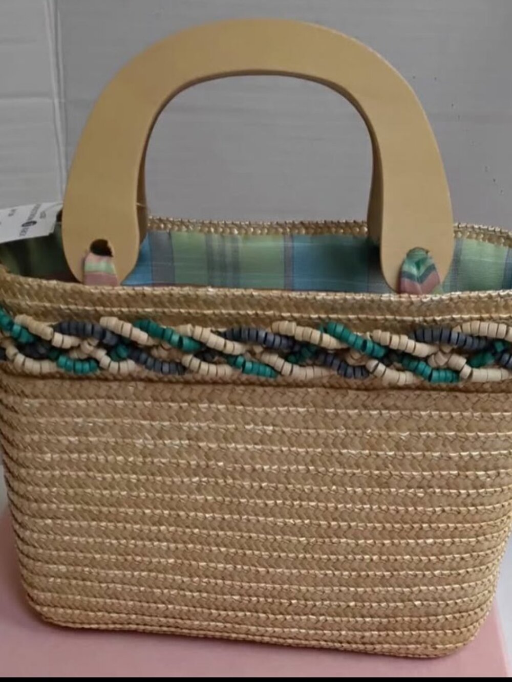 Vintage Magid Straw Rectangular Basket bag. Natural With Beaded Accents Wood Han